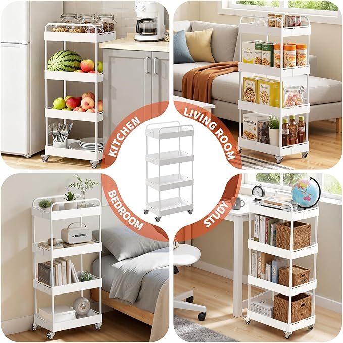 HOTEAGLE 4-Tier Rolling Cart Metal Expandable Utility Carts with Wheels, Ideal Storage Organizer for Livingroom, Bedroom, Kitchen and Bathroom, White
