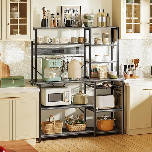 SUPERJARE Larger Bakers Rack with Power Outlets, 6-Tier Microwave Stand, Coffee Bar with 12 S-Shaped Hooks, Kitchen Shelf with Wire Basket, 47.2 x 15.5X 66.9 Inches, Grey
