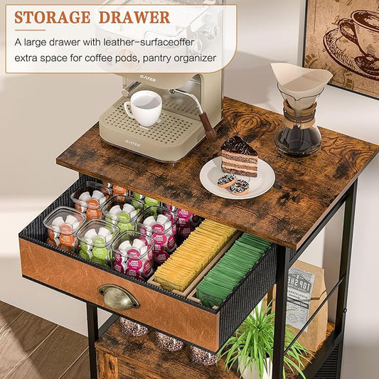 X-cosrack Coffee Bar Station, 3-Tier Small Coffee Stand Station with Storage, Farmhouse-Style Kitchen Microwave Stand Featuring 1-Door Cabinet Ideal for Living Room, Entryway, Kitchen