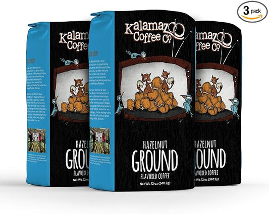KALAMAZOO COFFEE COMPANY Hazlenut Ground Coffee - Filbert Hills Flavored Coffee | 12oz Bag (3 Pack)