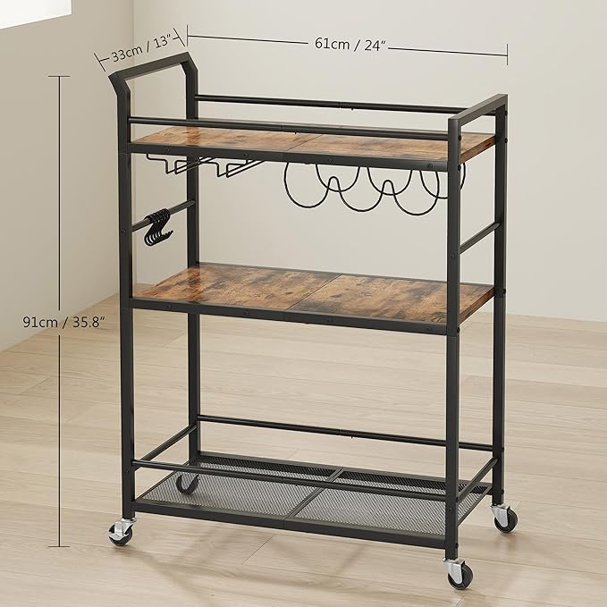 Metal Bar Carts, Rolling Bar Cart with Wheels, Liquor Cart, Rustic Brown Small Bar Cart, Wine cart, Beverage Cart with Glass Holders & Wine Rack for Kitchen Dining Living Room (Rustic Brown) GBC507R