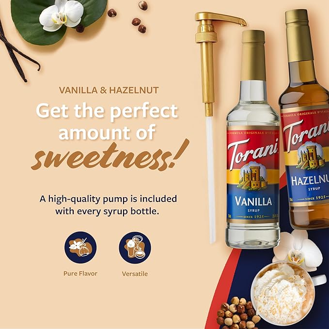 Torani Syrups, Hazelnut and Vanilla Syrup Variety 2-Pack, Coffee Syrups for Drinks, Pumps Included, 25.4 Fl Oz Ea