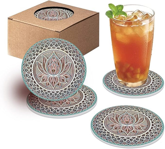 Mandala Coasters for Drinks,Doawbang Absorbent Ceramic Stone Coasters Set of 4 Cork Base Marble Art Cups Table Mats for Home Decor (Green)