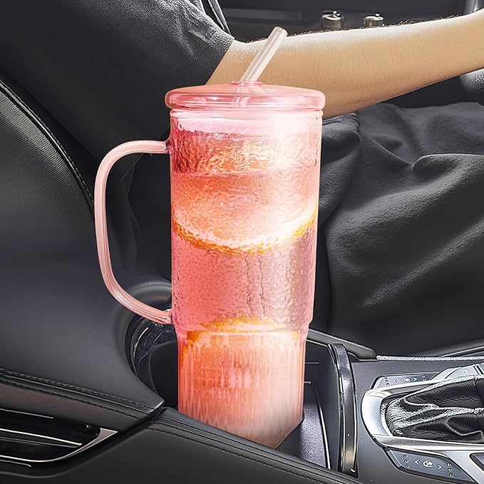 Glass Cups with Lids and Straws,24oz Glass Tumbler with Handle Iced Coffee Cup for Coffee,Juice,Tea,Milk,Smoothie,Hot & Cold Drinks (Pink)