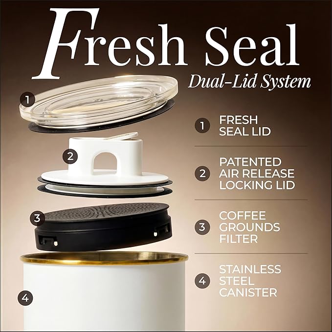 STYLED SETTINGS Vacuum Coffee Canister with Airtight Lid – Dual-Lid Airtight Coffee Canister with Scoop and Label for Beans and Grounds, Food Storage Container -White and Gold Kitchen Accessories