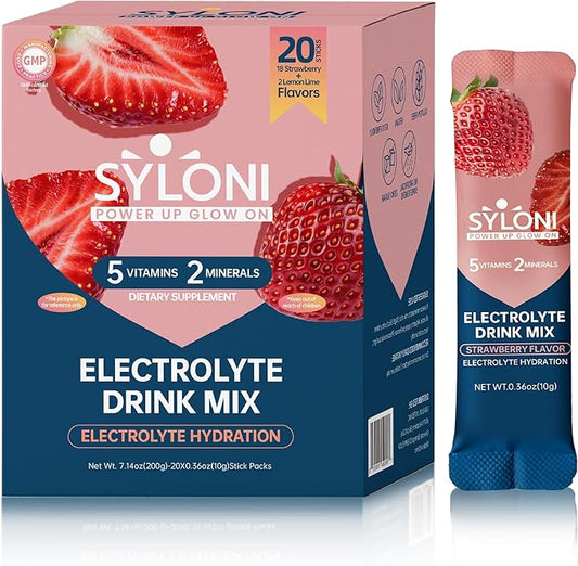 Electrolytes Powder Packets, Strawberry(0.36 oz*20 Sticks), Sugar Free Hydration Packets Electrolyte Drink Mix with 7 Vitamins and Electrolytes, Keto Friendly, Vegan, Gluten Free