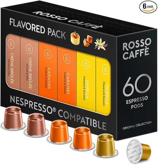 Nespresso Compatible Capsules - Sweet Flavors Pack (60 Pods) - Fit to All Nespresso Original Line Machine - By Rosso Caffe - 60 Days Satisfaction Guarantee