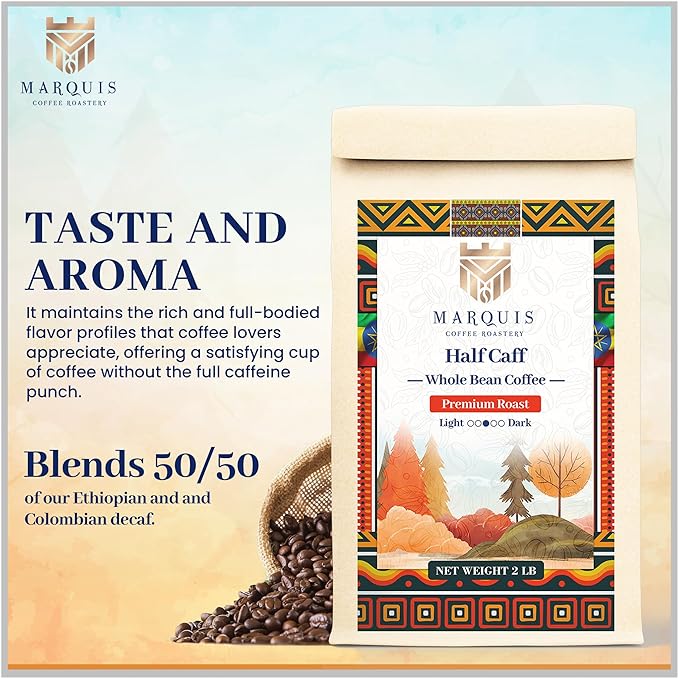 Marquis - Half Caff Coffee, Rich Blend of half Ethiopian Yirgacheffe and Half Decaf French Roast Beans, Fresh Dark Roast with a Fruity Flavor, Premium Half Caff Whole Bean Coffee, 2 lb