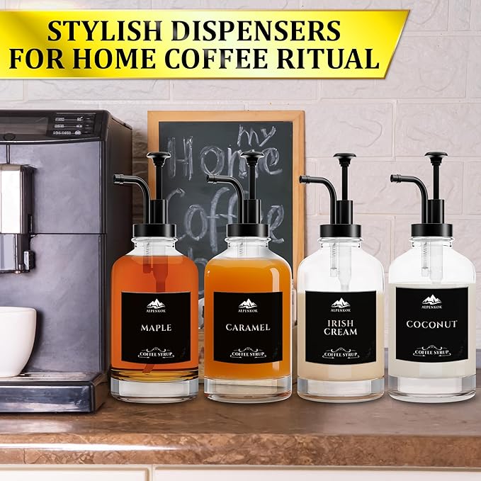Set of 4 Glass Syrup Dispensers 16.9oz 500 ml – Pump Coffee Dispenser with 18 Marked Labels, Leak-Proof, Easy Cleaning – Coffee Essentials for Coffee Bar | Parties & Event Ready (Black Pumps)