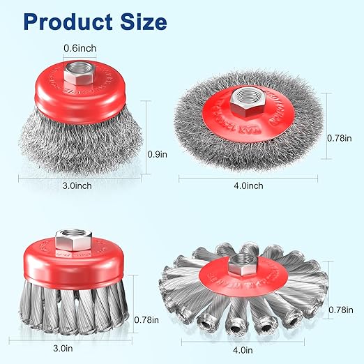 BURMONG 4 PCS Wire Wheel Brush for 4-1/2" Angle Grinder, Carbon Steel Knotted & Crimped Cup/Wheel Brushes (3" & 4"), Heavy Duty Rust, Paint, Corrosion Removal, 5/8"-11 UNC Threaded Arbor
