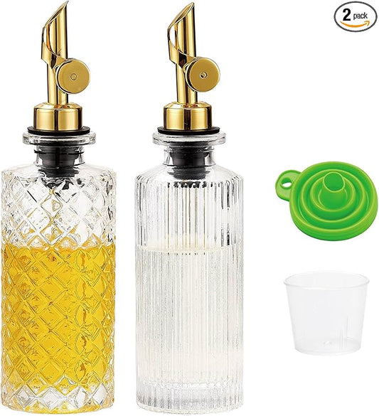 Glass Olive Oil Dispenser Bottle Small, 6.5 Oz/ 200 ml Coffee Simple Syrup Bottles with Gold Metal Pour Spout, Funnel, Measuring Cup, Oil and Vinegar Bottle for Kitchen (2 Pack)
