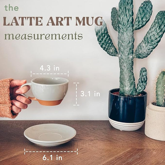 MORA Ceramic Latte Art Mug With Saucer - 10.5 oz, Round Bottom For Perfect Pours - Cafe Cups for Cappuccino, Espresso, Coffee, Tea etc - Porcelain Set for Baristas, Great Gift - Earl Grey