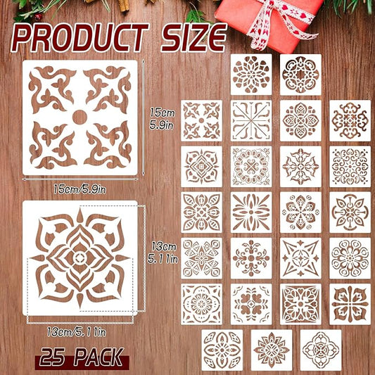 25 Pcs Scroll Tile Cookie Stencils, Reusable Floral Baking Stencils for Cake Decorating Royal Icing DIY Biscuit Painting Coffee and Dessert Design Tools, 6x6 Inch