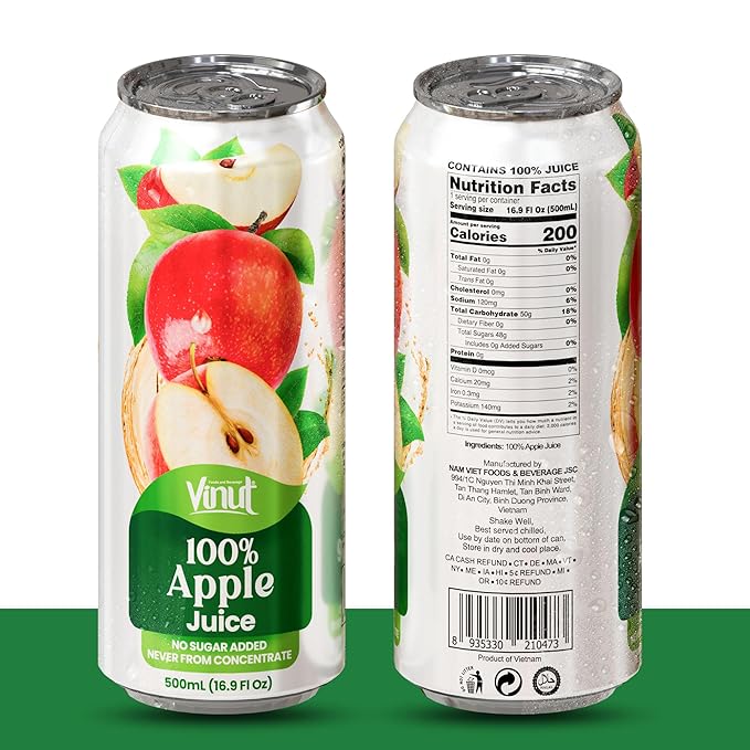 VINUT 100% Apple Juice, No Added Sugar, Not From Concentrate, 16.9 fl oz (500 mL) Can, Pack of 12
