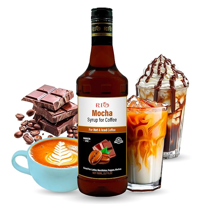 RIO Mocha Coffee Syrup, Perfect for Hot or Iced Drinks & Desserts, Chocolate & Coffee Combo, Sweetened with Pure Cane Sugar, Barista-Grade Flavor Syrups for Drinks at Home & Work - 700ml