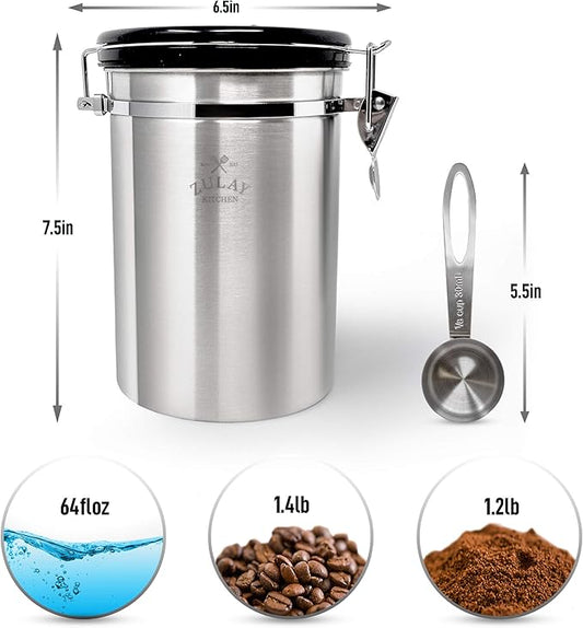 Zulay (Large) Airtight Coffee Canister - Stainless Steel Coffee Storage Canister with Scoop - Features Include a Date Tracker, Built-In One-Way CO2 Valve & 2 Spare Filter Replacements