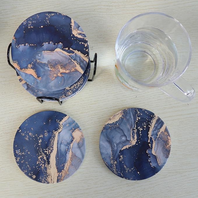 Navy Blue Marble Ceramic Coasters with Holder Absorbent Drink Coaster Set Outdoor Round Abstract Cute Table Decorative Coffee Cup Beverage Fun Wine Beer Bar Gold Housewarming 6 Pack