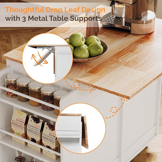 VINGLI Fluted Kitchen Island Cart on Wheels with 2 Drawers & 4 Doors, Adjustable Shelves, Towel Rack & Safety Bar Storage, Small Portable Rolling Kitchen Island, White