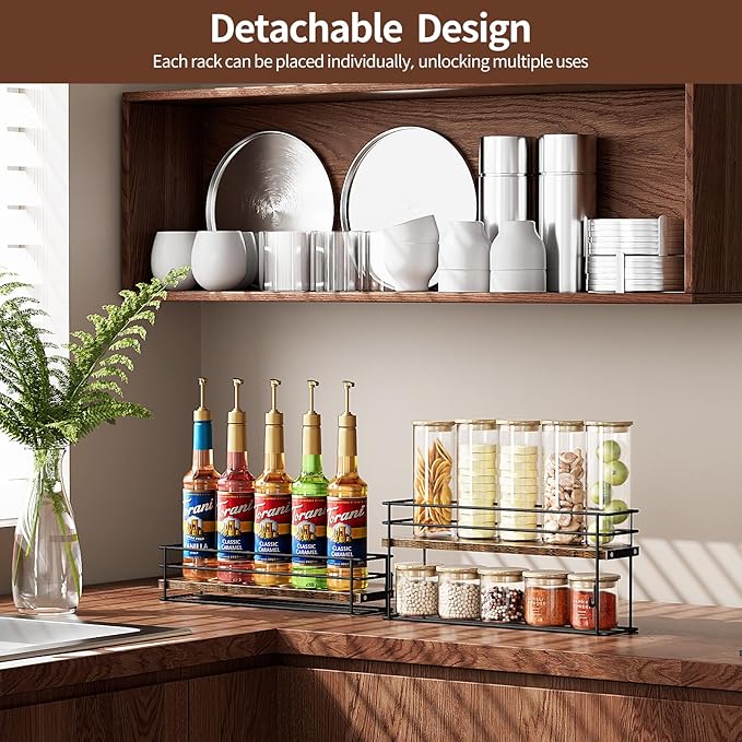 Nuovoware Coffee Syrup Organizer, 2-Tier 10 Bottles Bar Organizer, Separable Metal Rack with Wooden Base Whiskey Wine Dressing for Countertop Kitchen Coffee Bar, Black