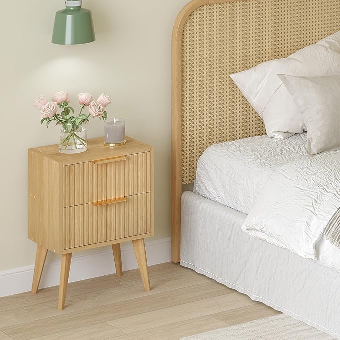 Fluted Nightstand,Small Bedside Table,Natural Wood Night Stand,Light Wood Side Table with Solid Wood Legs,End Table for Bedroom,Small Space 11.8" D x 16" W x 22.4" H Natural CTG55Y