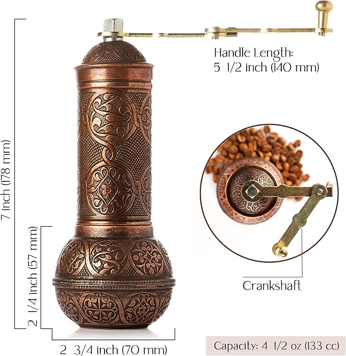 Crystalia Refillable Coffee Grinder, Authentic Manual Mill with Adjustable Grinder, Metal Coffee Mill with Handle, Antique Coffe Grinder with Hand Crank, Adjustable Coarseness