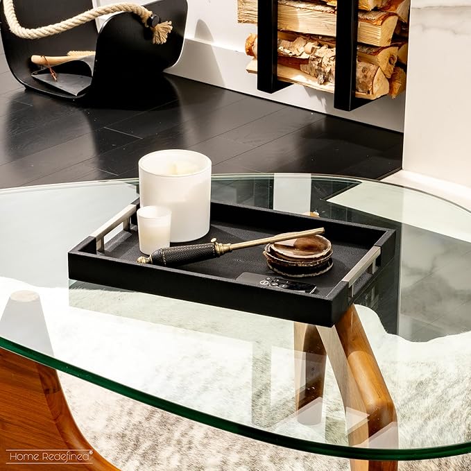 Modern Elegant 17.5"x12" Black Rectangle Shagreen Faux Leather Decorative Tray Ottoman Coffee Table Perfume Living Room Kitchen Serving Tray with Silver Metal Handles for All Occasion's