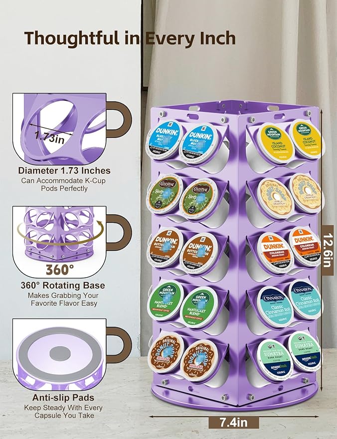 K Cup Holder, Coffee Pod Holder for Keurig - 360° Rotating Aluminum Coffee Organizer for Countertop,Saving Design with Anti-Slip Base for Kitchen or Office,Capacity of 40 Pods,Purple