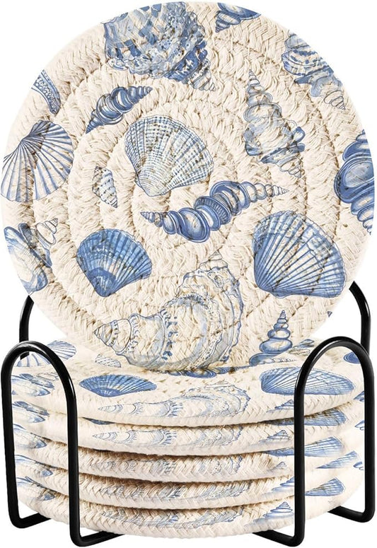 Coasters for Drinks with Holder Blue Seashells Ocean Nautical Coastal Coasters Set of 6 Cotton Woven Absorbent Decor Bar Coaster Tabletop Protection 3.94 Inches