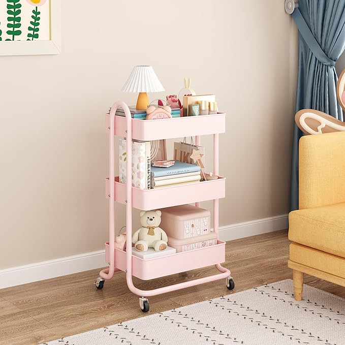 MIOCASA 3-Tier Metal Utility Rolling Cart, Heavy Duty Multifunction Cart with Lockable Casters, Easy to Assemble, Suitable for Office, Bathroom, Kitchen, Garden