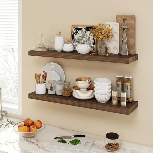 36 Inch Floating Shelves, 9.3" Deep Floating Shelf Wall Mounted, 36" Wall Shelves, Rustic Deep Bookshelf, Large Display Shelves & Storage Shelves for Bedroom, Living Room, Walnut, Set of 2