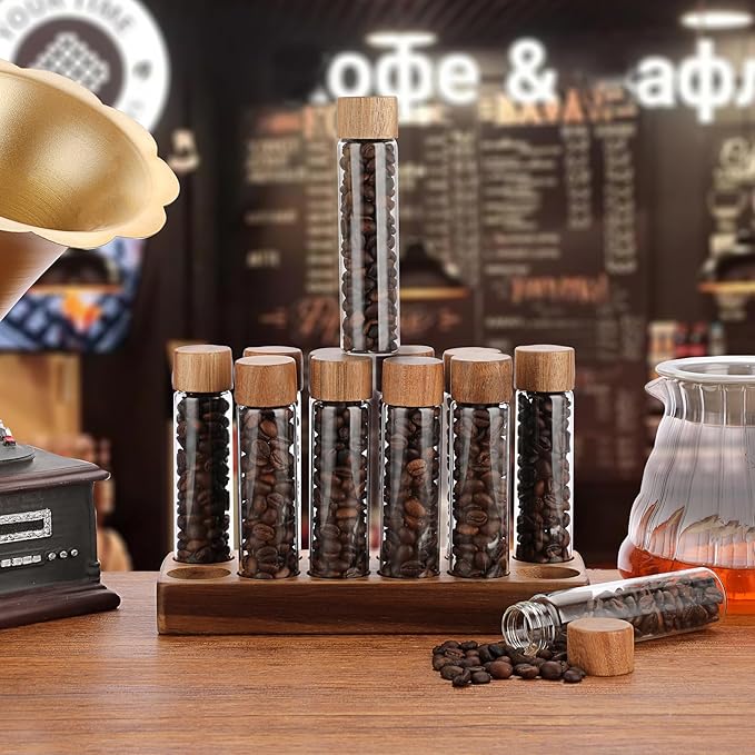 JUXYES Set of 12 Single Dose Coffee Bean Storage Tubes with Wooden Stand and Lids, Dosing Glass Vials for Coffee Storage, Coffee Bean Container Cellars, Espresso Bean Canisters Set, 2 fl oz