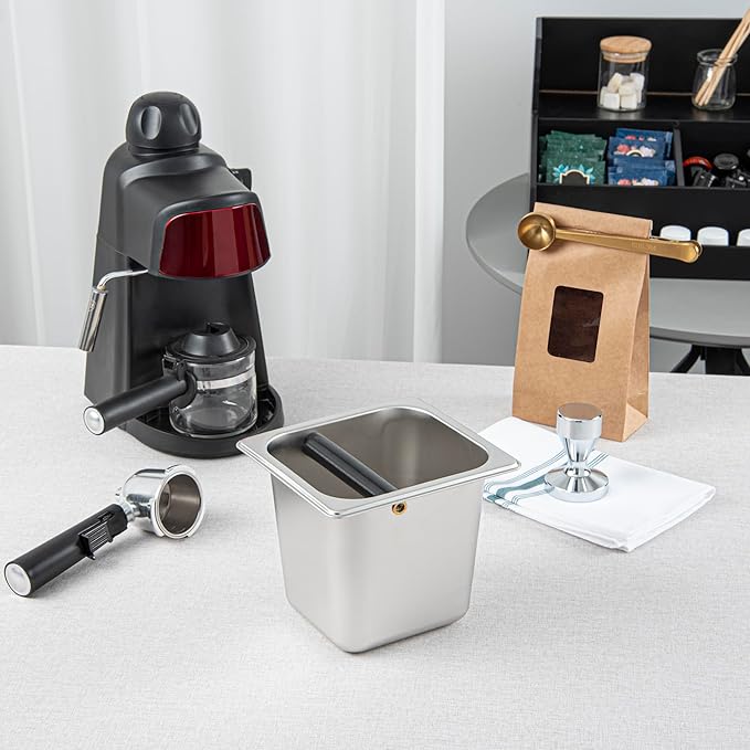 Restaurantware Restpresso 7 x 6.4 x 6 Inch Knock Box 1 Deep Tamp Box - Built-In Knock Bar Dishwashable Stainless Steel Barista Knock Box Durable For Coffee And Espresso Grounds