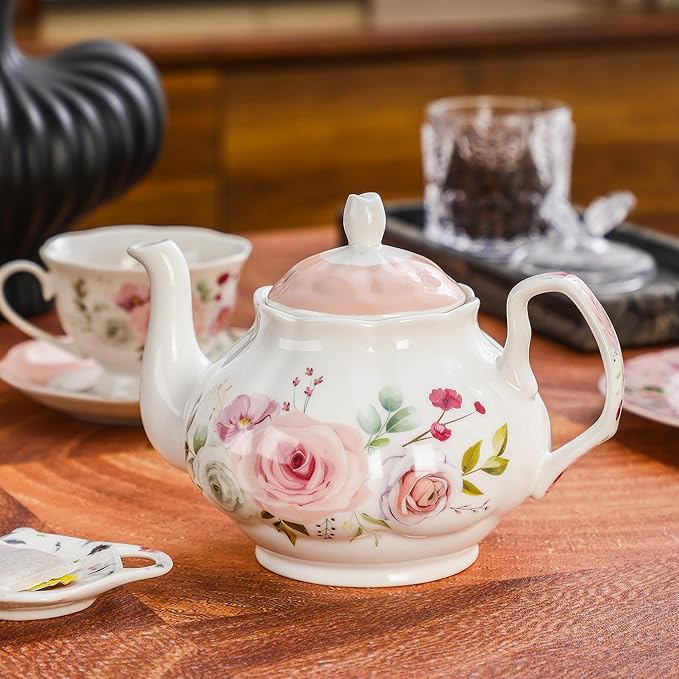 27oz Floral Porcelain Teapot, Classic Ceramic Teapot for Loose Leaf Tea & Tea Bags, Elegant Small Teapot with Rose Pattern, Dishwasher Safe