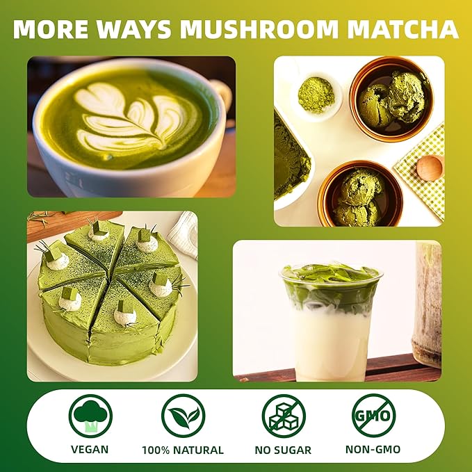 Mushroom Matcha, 10 Superfood Mushroom Powder Blend with Japanese Ceremonial Grade Matcha, Mushroom Coffee Alternative for Energy, Focus, Immunity