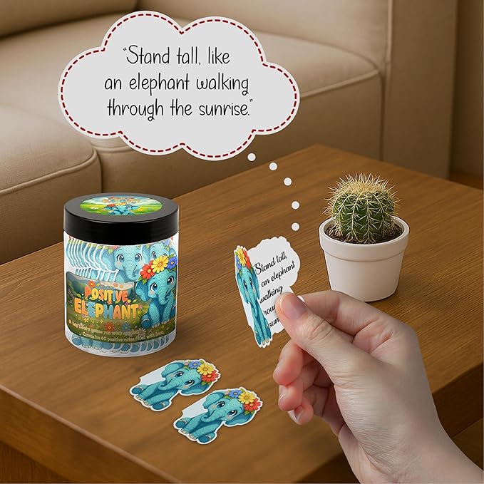 Positive Elephant Jar with 60 Daily Affirmation Cards, Emotional Support Elephant Decor, Uplifting Present for Teenage Girls and Men, Inspirational Office Desk Accessory and Appreciation Gift