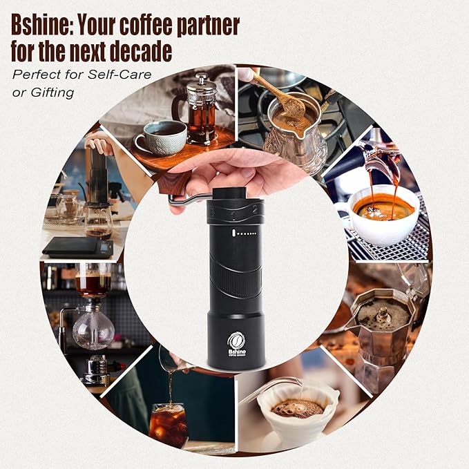 Bshine Manual Coffee Grinder with Carrying Case - External Adjust, Conical Burr, 8 Grind Settings, Black