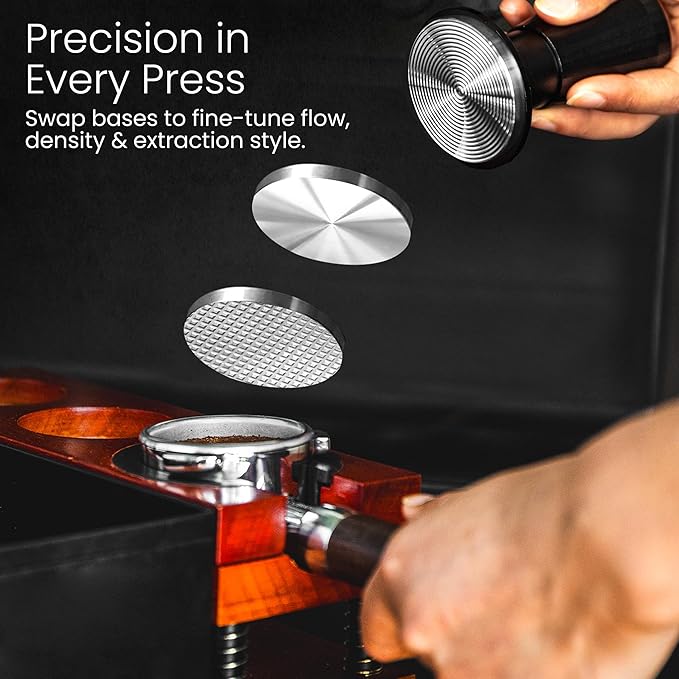 Calibrated Espresso Tamper with 30lb Click Feedback – 3 Interchangeable Bases for Custom Tamping (Convex, Grooved, Waffle) – Ergonomic Handle – Fits 54mm Breville-Compatible Portafilters