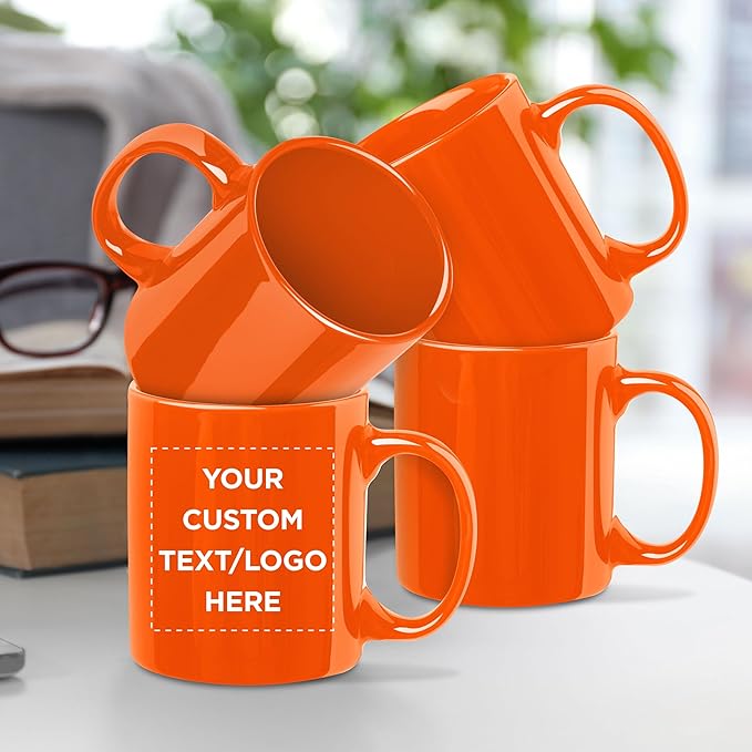 Custom Ceramic Coffee Mugs 11 oz. Set of 50, Personalized Bulk Pack - Coffee cup set, Iced coffee cup, Gaming mug - Orange