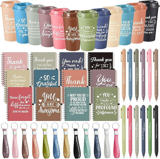Skylety 12 Set/48 Pcs Employee Appreciation Gifts Bulk Christmas Thank You Gift Set 16 oz Coffee Cups Mini Spiral Notebooks Pens Keychains for Staff Team Teacher Coworker (Morandi Color)