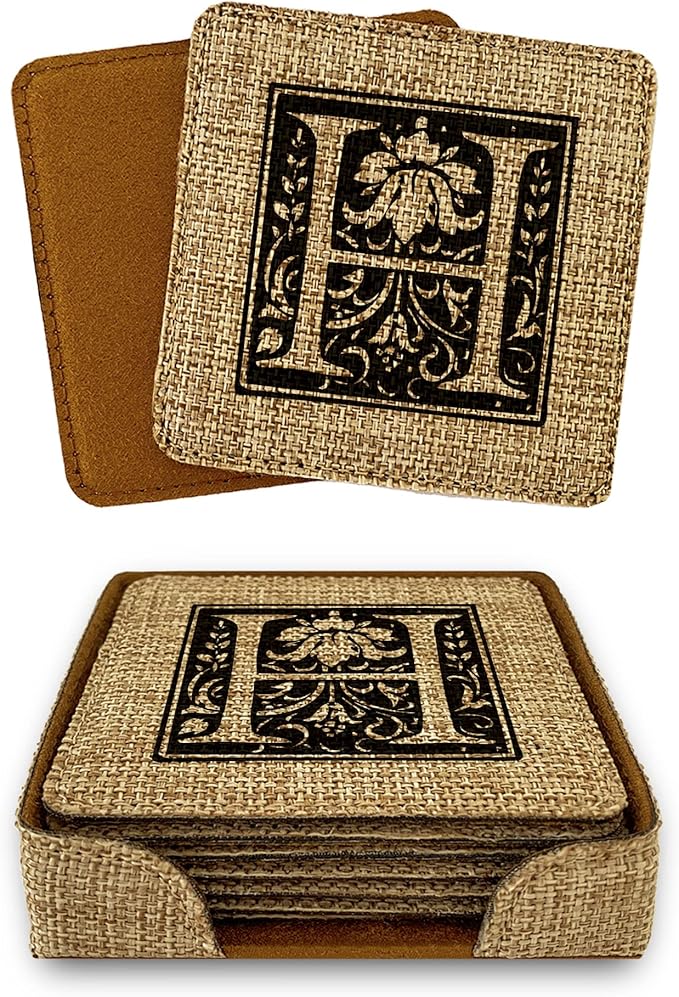 Smile Art Design Family Monogram Custom Coaster Set of 6 with Base Holder Square Burlap Material Family Name Personalized Prints Personalized Gifts House Warming Wedding Gift Rustic Decor Style7