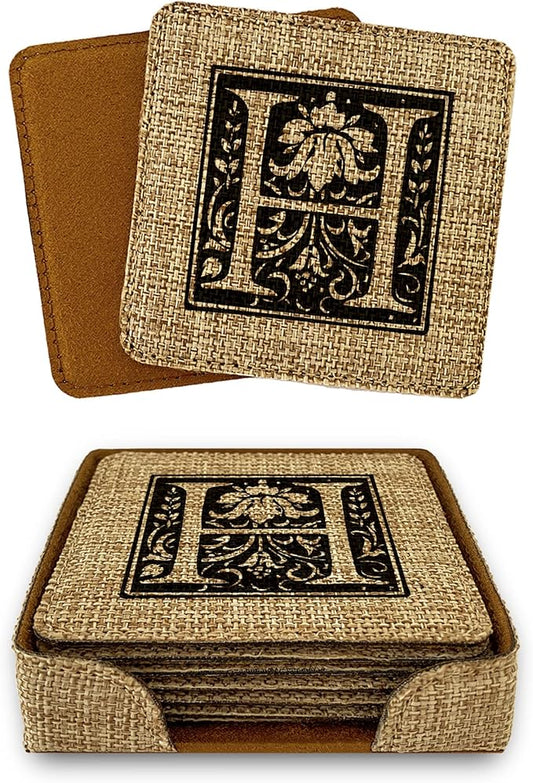Smile Art Design Family Monogram Custom Coaster Set of 6 with Base Holder Square Burlap Material Family Name Personalized Prints Personalized Gifts House Warming Wedding Gift Rustic Decor Style7