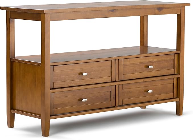 SIMPLIHOME Warm Shaker Console Table - 48 Inch Wide Solid Wood Sofa Table in Light Golden Brown, Transitional Storage Table for Living Room with 4 Drawers, Open Shelf, and Brushed Nickel Knobs
