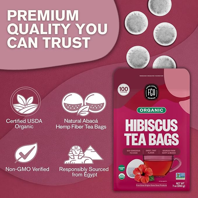 FGO Organic Hibiscus Tea, 100 Count, Eco-Conscious Tea Bags, Caffeine Free, Packaging May Vary (Pack of 1)