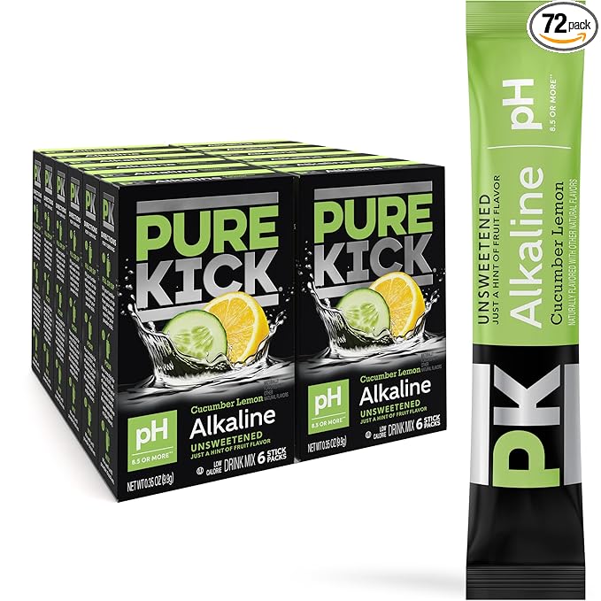 Pure Kick Alkaline pH 8.5 or Higher Cucumber Lemon Powdered Drink Mix Packets, Unsweetened with a Hint of Flavor - 72 Total Packets (12 Boxes, 6 Each), Singles to Go!