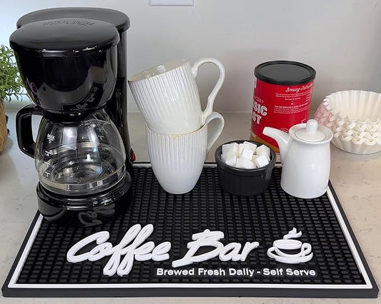 Coffee Station Mat Brewed Fresh Daily Self Serve Coffee Bar Mat for Countertop, Large 18 x 12 in for Modern Kitchen Decor and Accessories, Bar Mats for Bartending