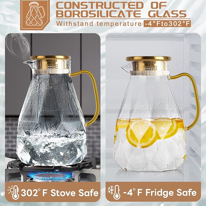 Yirilan Glass Pitcher, 2.2 Liter Water Pitcher With Lid,Iced Tea Pitcher for Fridge,Carafe With Lid, Glass Water Jug For Juice, Milk, Cold Or Hot Beverages, 2 Quart