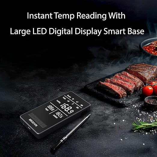 BBQOVN Smart WiFi Wireless Meat Thermometer Unlimited Range 7 NIST Cert.Sensors Accuracy ±0.5°F Sub-1G (10X Stronger than Bluetooth)APP&Digital Base,Monitor for BBQ, Grill,Oven, Smoker(1,Silver,Small)