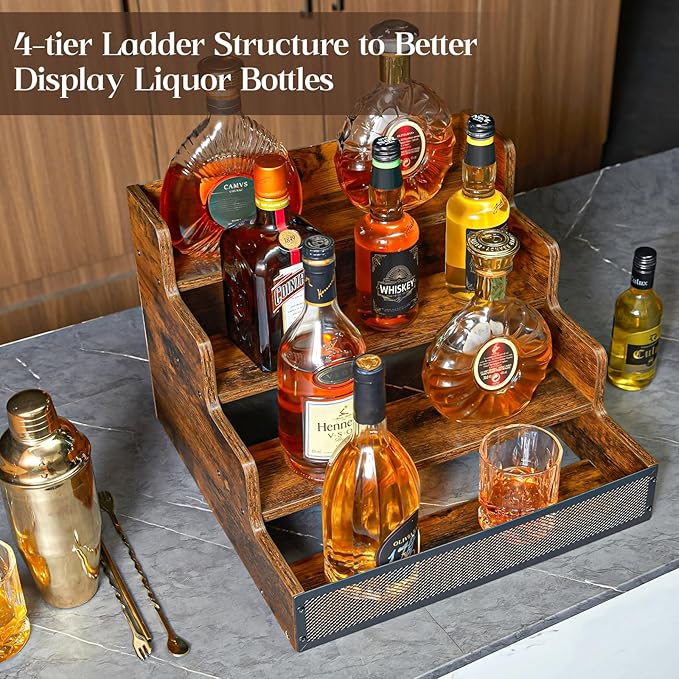 Yuzehuaza 4 Step Countertop Liquor Bottle Display Shelf, Wood Bar Shelves 16 Bottles with Fences, Freestanding Storage Shelves for Liquor Whiskey Wine Coffee Syrup Display, Retro Wine Rack Home