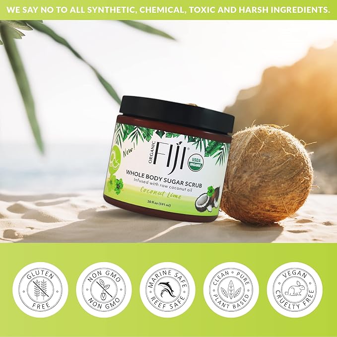 Organic Fiji Whole Body Scrub - Infused with Coconut Oil, Exfoliating Sugar Scrub for Smooth and Soft Skin, Exfoliates & Restores Skin's Natural Biosphere, Coconut Lime 20 oz