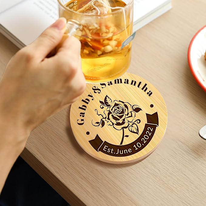 Custom Coasters, Bamboo Coasters Set of 6, 3.7in Laser Engraved Personalized Coaster with Holder, Custom Coffee Bar Accessories Cup Coaster for Home Decor Housewarming Customized Gifts (Square)
